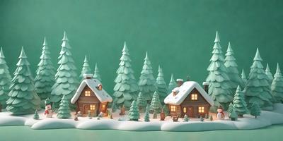 The primary subject of the image is a snowy village scene with two houses, surrounded by trees. The setting is a winter landscape, and the visual style appears to be a combination of digital art and illustration. The colors and mood of the image are predominantly white and cold, with the snow-covered trees and houses creating a serene and peaceful atmosphere.